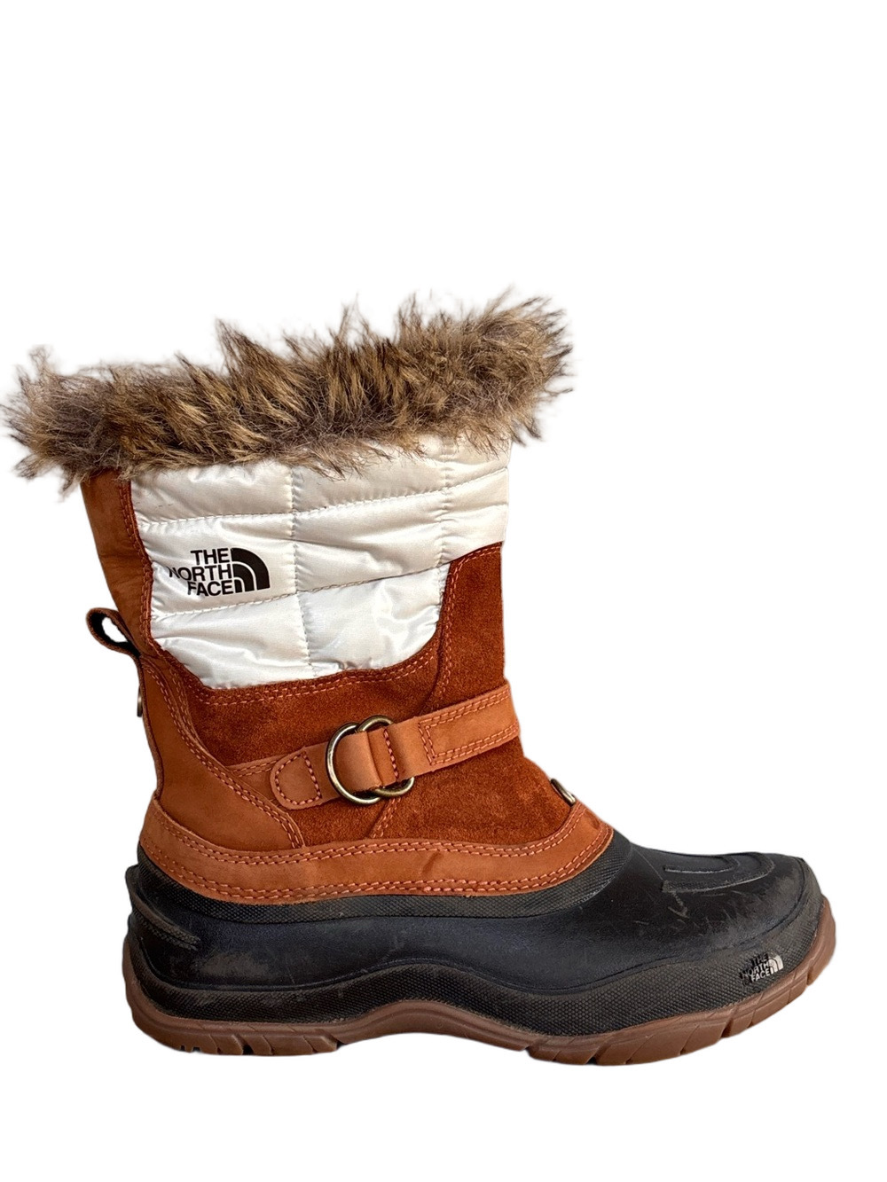 The North Face Shellista Winter Suede Boots Brown Faux Fur Trim Buckle Womens 7